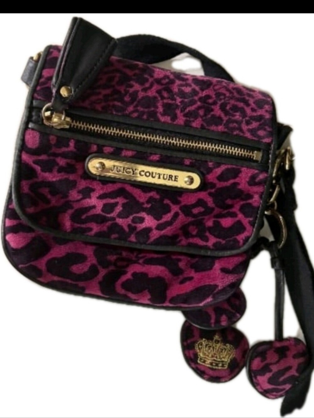 💗Rare Juicy Couture Y2k Small Fuschia Pink Black Velour Leopard Print Crossbody